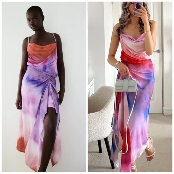 Zara Dresses & Skirts - Zara Maxi Dress Womens S Multicolor Tie Dye Draped Ruched Slit Beachy Evening